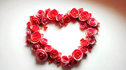 Obraz premium Elegant Heart Shaped Arrangement of Red Rose Blossoms on a Clean White Background
