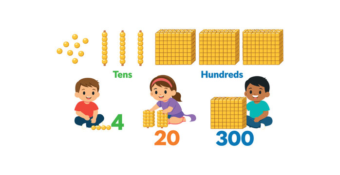 golden bead units tens hundreds laid with child grouping into numbers early decimal Montessori math clean shapes. colored flat icon vector illustration