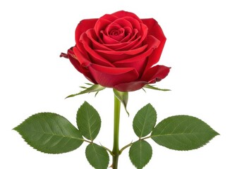 Fototapeta premium Single perfect deep red rose blossom stands tall against a clean white background