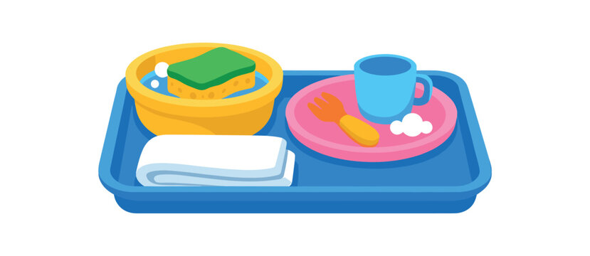 small tray with sponge bowl and towel child washing toy dish practical life activity clean shapes. colored flat icon vector illustration