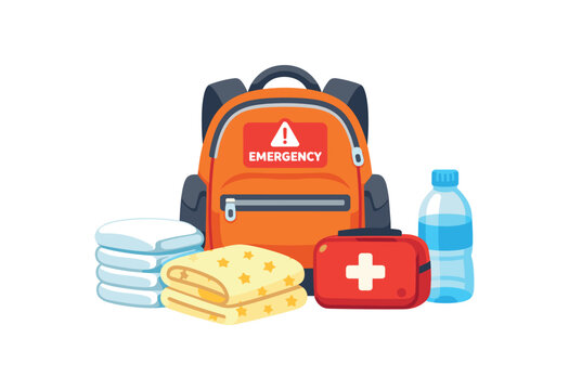 emergency bag packed with diapers baby blanket small first aid kit and water ready to grab for toddler clean shapes. colored flat icon vector illustration