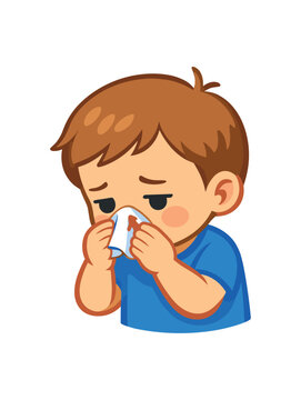 toddler with nosebleed icon small tissue to nostrils head slightly forward safe nosebleed first aid clean shapes. colored flat icon vector illustration