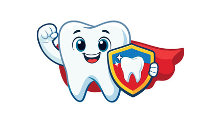 Obraz premium smiling tooth character with cape and shield strong teeth hero for children clean shapes. colored flat icon vector illustration