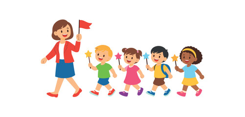Obraz premium children holding simple shaped wands and marching behind teacher during school celebration clean shapes. colored flat icon vector illustration