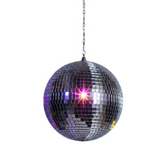 photorealistic spherical disco ball with intricate hexagonal chrome mirrors, vibrant purple, pink, blue, yellow light reflections on a transparent studio background, dynamic party atmosphere