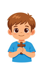 Obraz premium kid holding small wooden cross close to chest gentle smile personal faith symbol for children clean shapes. colored flat icon vector illustration