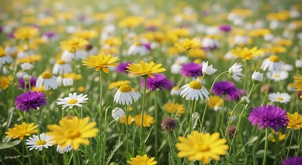 Obraz premium Vibrant colorful flowers in a lush green meadow with yellow purple and white blooms