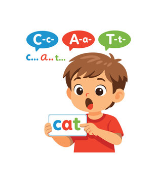 kid sounding simple three letter word on card phonics reading practice clean shapes. colored flat icon vector illustration