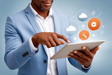 Naklejka na ściany i meble Professional doctor using a tablet with cloud and technology icons for digital healthcare solutions