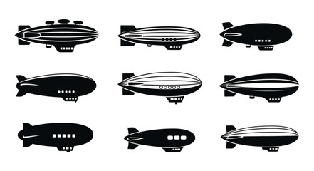 Collection of nine vintage airship illustrations in silhouette and line art. © Ahmad