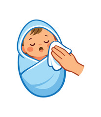 newborn wrapped hooded towel after bath parent patting skin dry with soft cloth gentle drying after bathing clean shapes. colored flat icon vector illustration