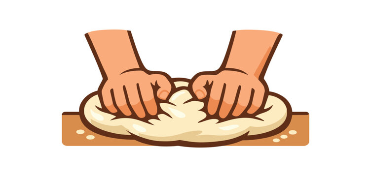 hands kneading bread or dough on table strong deep pressure through palms sensory cooking task clean shapes. colored flat icon vector illustration