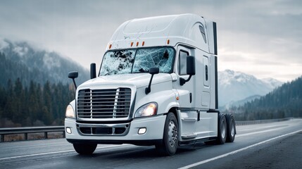Damaged white semi-truck on a highway with a broken windshield