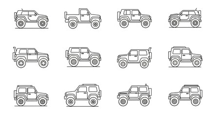 Collection of Off Road Vehicle Illustrations in Line Art Style. © Ahmad