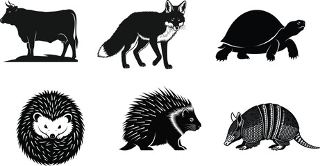 Set of Animal Silhouettes: Cow, Fox, Tortoise, Hedgehog, Porcupine, Armadillo