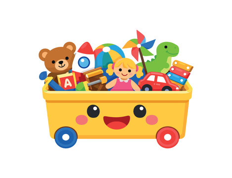 large toy storage box on wheels with smiling face filled with mixed toys easy clean up helper clean shapes. colored flat icon vector illustration