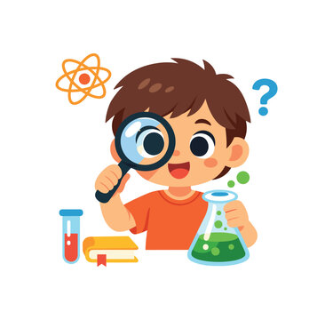 child doing simple science experiment with beaker and magnifier curious young scientist hobby clean shapes. colored flat icon vector illustration