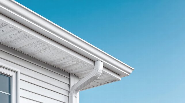 White house exterior with gutter against a clear blue sky