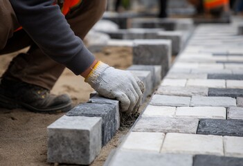 Worker laying concrete paving stones during sidewalk construction