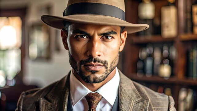 Man in Fedora and Suit Posed in Library with Bottles on Shelves