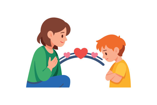 parent saying sorry to child small heart bridge between them modeling repair relationship clean shapes. colored flat icon vector illustration