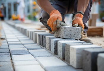Worker laying concrete paving stones during sidewalk construction