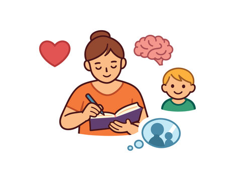 parent writing small journal with heart brain child reflective parenting practice clean shapes. colored flat icon vector illustration
