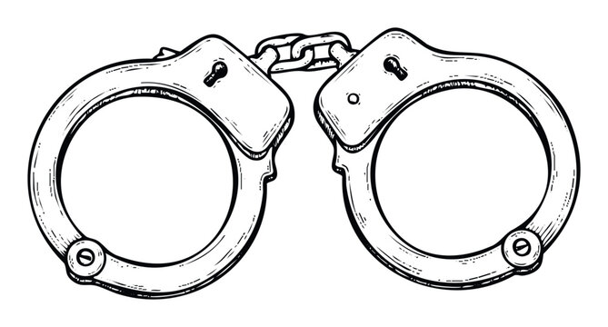 Robust metal handcuffs with detailed keyholes and strong chain links symbolizing law enforcement, justice, and security for legal and public safety related content.