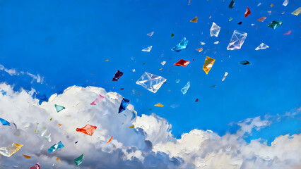 Fototapeta premium Vibrant Festival Sky Filled with Colorful Kites Dancing Over Puffy White Clouds – A Bright Sunny Day Aerial View Capturing Joyful Freedom in Flight