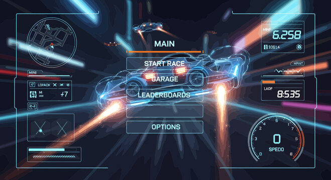 Futuristic Racing Game Interface Sleek Car and HighTech HUD Elements.