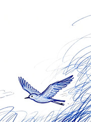 Obraz premium Blue bird soaring in mid‑flight across a clean white canvas, viewed from side angle, with dynamic blue scribbles that convey freedom and joy