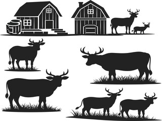 Farm Animals Silhouettes: Cows, Deer, Barns, and Rustic Scenery Vector Art