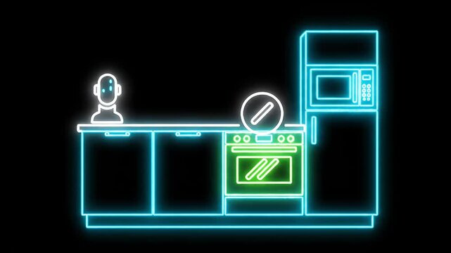 Neon Outline Kitchen Layout In Futuristic Style.