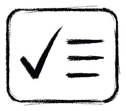 Grungy hand drawn checkmark and list icon inside a rectangular frame, perfect for user interface elements, task management applications, or visual communication.