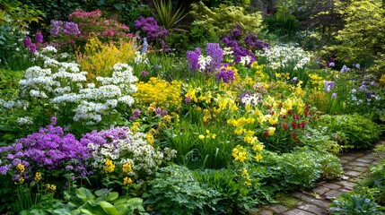 Obraz premium Vibrant English Garden with Colorful Flowers and Lush Greenery on a Sunny Day.