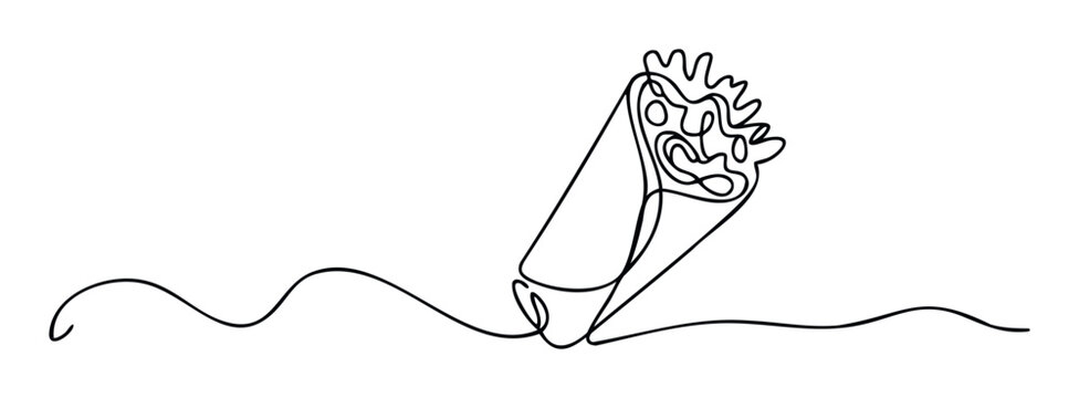 Continuous line drawing of a delicious street food burrito or shawarma wrap, perfect for fast food menu designs, culinary blog graphics, or restaurant branding concepts.