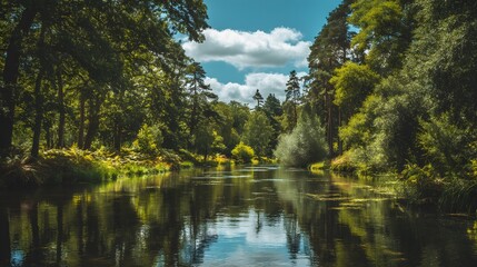 Lush Green Forest Reflected in Calm Lake Water Under a Blue Sky with Clouds.
