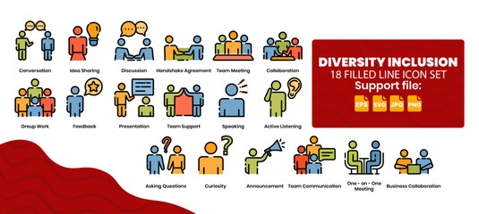 Fototapeta premium 18 filled line color bundle icons set about human interaction.
