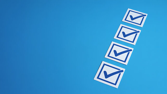 Collection of blue checkmarks on white squares, arranged diagonally against a solid blue background for a sense of order.