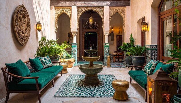 Sunlit riad courtyard with carved arches, tiled walls, and a central fountain, where emerald cushions, brass lanterns, and lush plants create a calm, luxurious Moroccan retreat