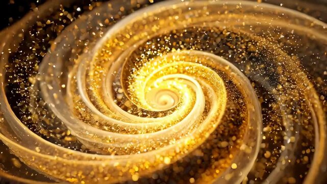 Abstract golden glitter swirl flowing into a vortex with black background