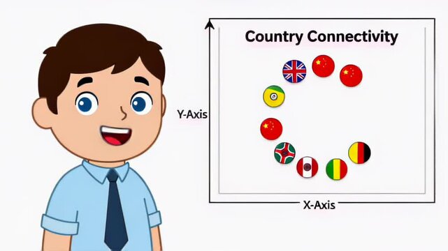 Cartoon businessperson presenting country connectivity chart and world flags to illustrate international network and growth.