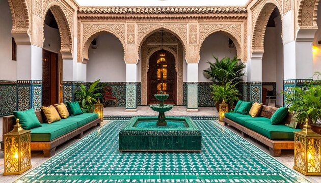 Sunlit riad courtyard with carved arches, tiled walls, and a central fountain, where emerald cushions, brass lanterns, and lush plants create a calm, luxurious Moroccan retreat