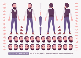 Modern business leader, smart businessman DIY character creation set, male model in vest, shirt, body figure parts. Head, leg, hand gestures, different emotions, construction kit. Vector illustration