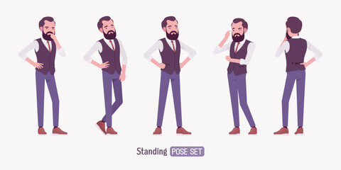 Modern business leader, smart businessman standing pose set. Entrepreneur in high-quality formal attire tailored vest, innovative startup developer, lecturer. Vector flat style cartoon illustration