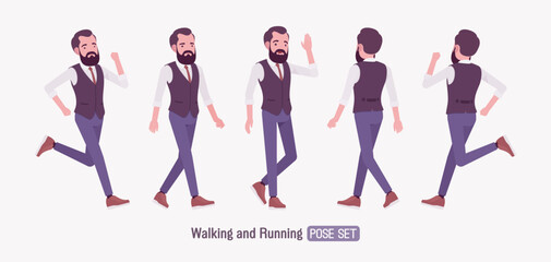 Modern business leader, smart businessman running pose set. Entrepreneur in high-quality formal attire tailored vest, innovative startup developer, lecturer. Vector flat style cartoon illustration