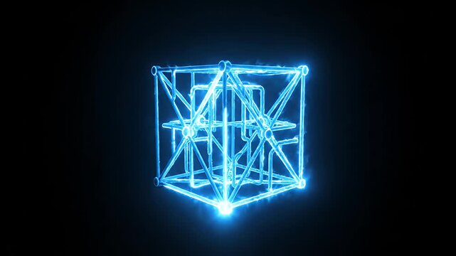 Neon Blue Wireframe Cube Floating in Dark Space.