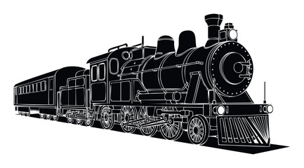 Obraz premium A stark black and white depiction of a classic steam locomotive train with passenger cars offers a striking graphic for transportation themes, historical projects, or educational materials.