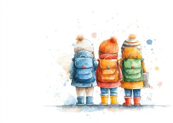 Obraz premium Watercolor back to school concept with kids wearing bright backpacks and boots