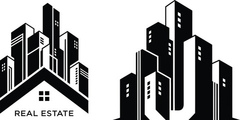 Modern Cityscape Skyline Buildings Real Estate Logo Icon Vector Illustration